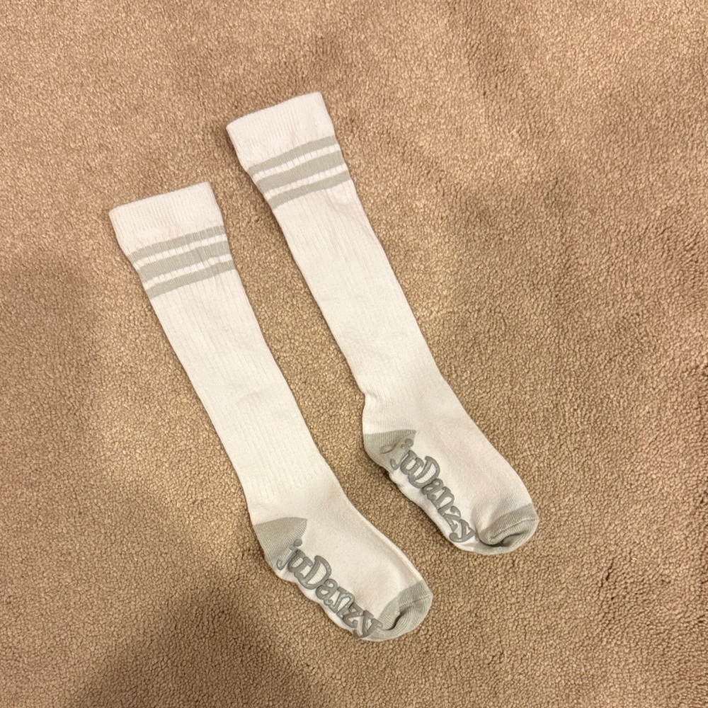 Danzy White and Gray Athletic Socks. Long socks. Written both sides. EUC